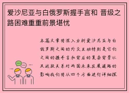 爱沙尼亚与白俄罗斯握手言和 晋级之路困难重重前景堪忧