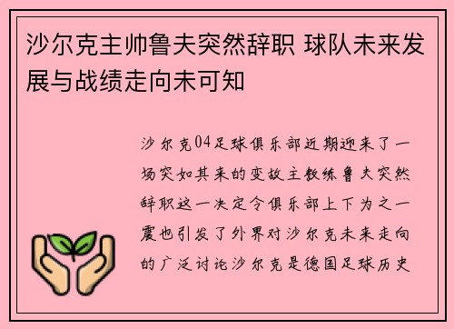 沙尔克主帅鲁夫突然辞职 球队未来发展与战绩走向未可知