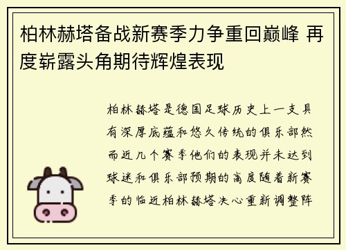 柏林赫塔备战新赛季力争重回巅峰 再度崭露头角期待辉煌表现